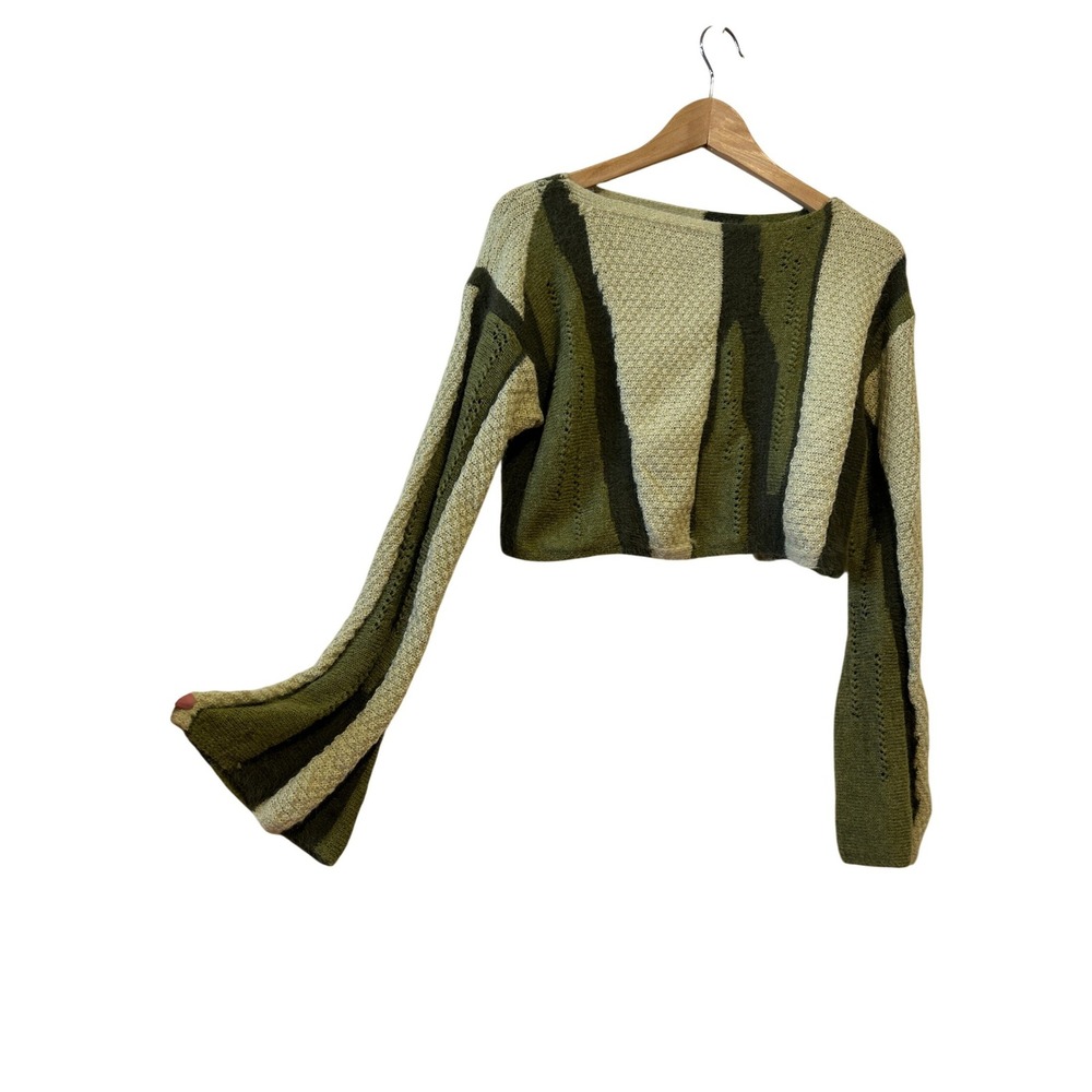 Cider Cropped Sweater Sz S Olive Green Striped Knit Mohair Blend Boho Festival